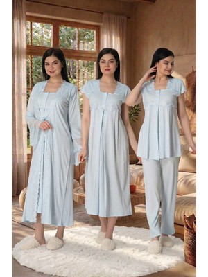 Lohussa Kadın Mavi Prenses Kollu Pamuklu Hamile Lohusa Sabahlık Gecelik Pijama Takımı 4'Lü Lohusa Seti