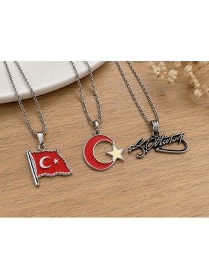 Herşey Nota 3’lü Türk Bayrağı Ay Yıldız ve Atatürk Imzalı Gümüş Renk Kolye Seti Hediye