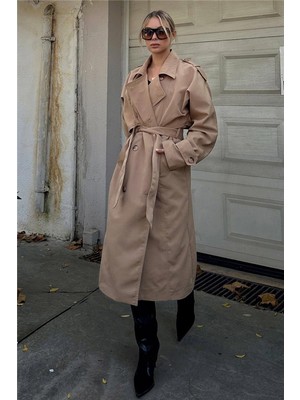 Swist Vizon Oversize Kuşaklı Kruvaze Yaka Apoletli Kadın Midi Trençkot