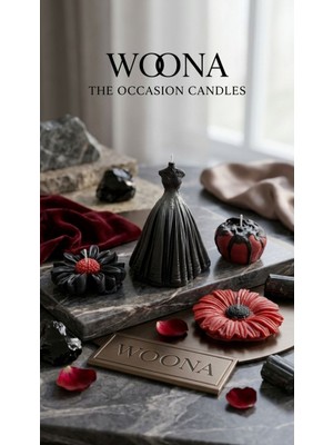 Woona Doğal Soya Wax Siyah Gelinlik ( Efektli ) & Şakayık & Papatya Figürlü Gotik Tasarım Pudra Kokulu El Yapımı Doğal Soya Wax Premium Kokulu Mum Seti
