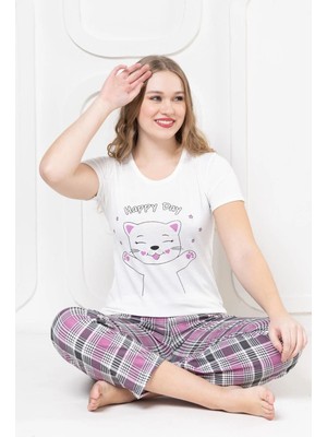 FullaModa Ekose Desenli Kedi Baskılı Bisiklet Yaka Pijama Takımı