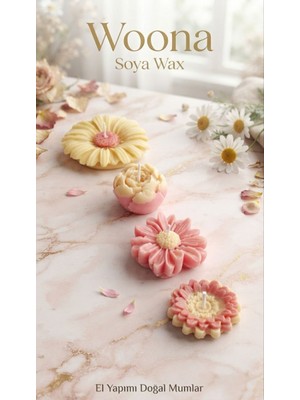 Woona Doğal Soya Wax Vanilya Kokulu Çiçek Figürlü Mum Seti Şakayık & Papatya & Yıldız Çiçeği El Yapımı Doğal Soya Wax Premium Kokulu Mum Seti