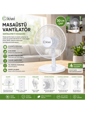 Kiwi 7625 Masa Üstü Vantilatör Fan Çap: 30CM 35W 12" Inç 5 Kanat 3 Kademe Hız