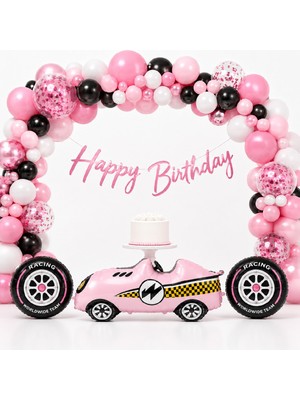 Bkmc Party Pink Racing Party – Kız Çocuk Doğum Günü Süsleme Seti - Pembe Yarış Arabası Folyo Balon, Happy Birthday Banner, Yarış Temalı Parti Malzemeleri
