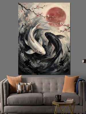 Tablomega Yin Yang Koi Balıkları Japon Dekoratif Kanvas - Mdf Ahşap Tablo