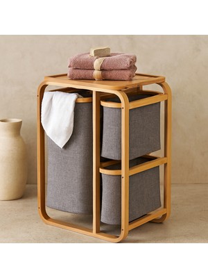 Ozkr Store Ahşap Bambu 3 Bölmeli Çamaşır Sepeti 50X30X70 cm