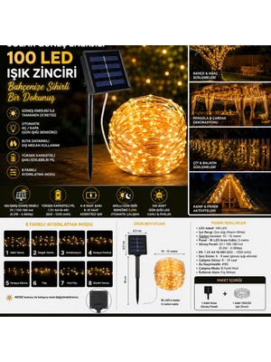 Skygo Solar 100 LED Gün Işığı Peri LED Işık Zinciri Bahçe ve Balkon Aydınlatma