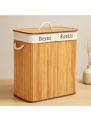Ozkr Store Bambu Ahşap 2 Bölmeli Çamaşır Sepeti 52X32X62 cm
