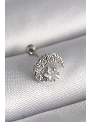 Hace Bazaar 316L Çelik Gümüş Renk Zirkon Taşlı Ay Yıldız Tragus Piercing - TJ-PR1257