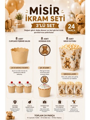 Bkmc Party Teddy Bear Parti Ikram Seti – 8 Cupcake Kalıbı, 8 Kürdan Süsü, 8 Mısır Kutusu | Ayıcık Doğum Günü Parti Malzemeleri