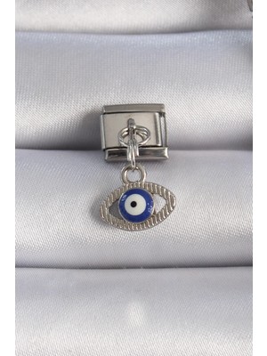 Hace Bazaar 316L Çelik Gümüş Renk Sallantılı Göz Figür Nazar Boncuk Detay Nomination Charm - TJ-BC1044