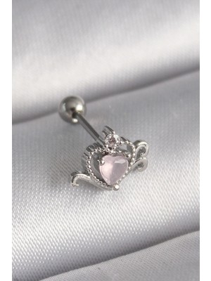 Hace Bazaar 316L Çelik Gümüş Renk Pembe Mineli Kalp Zirkon Taş Detay Tragus Piercing - TJ-PR1261