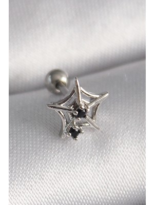 Hace Bazaar 316L Çelik Gümüş Renk Siyah Zirkon Taş Detay Örümcek Ağ Model Tragus Piercing - TJ-PR1293