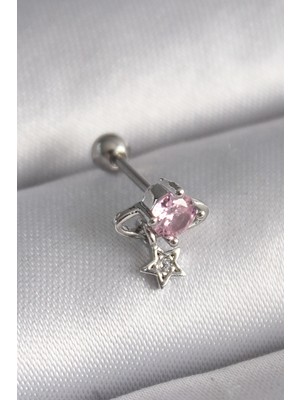Hace Bazaar 316L Çelik Gümüş Renk Pembe Zirkon Taşlı Sallantı Yıldız Detay Tragus Piercing - TJ-PR1237
