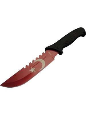 Ozkr Store Ayyıldız MF033 Rd Kırmızı Av Bıçağı 31CM - Testere Detaylı Bıçak, Oluklu, Kılıflı, Plastik Sap