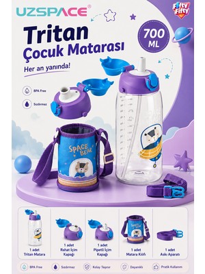 Uzspace Büyük Boy - Kılıflı 2 Ayrı Kapaklı Pipetli/pipetsiz Tritan Su Matarası 700 ml