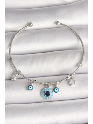Hace Bazaar Pirinç Gümüş Renk Sallantı Zirkon Taşlı Nazar Boncuk Figür Charm Kadın Bileklik - TJ-BB6911