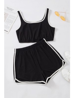 Hace Bazaar Marsilyan- Kadın Siyah Askılı Crop Top ve Şortlu Gecelik Takım