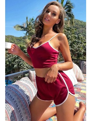 Hace Bazaar Marsilyan- Kadın Bordo Askılı Crop Top ve Şortlu Gecelik Takım