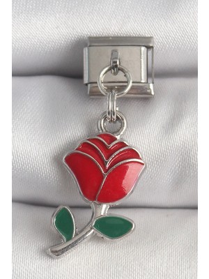Hace Bazaar 316L Çelik Gümüş Renk Sallantı Kırmızı Gül Model Nomination Charm - TJ-BC1379