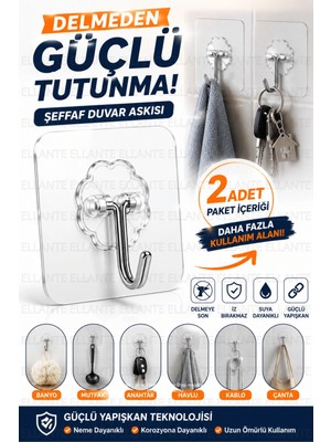 Ellante Duvar Delmeden Yapışkanlı Tablo Askı Aparatı 2 Adet Şeffaf Güçlü Yapışkan Çerçeve Ayna ve Saat Askısı