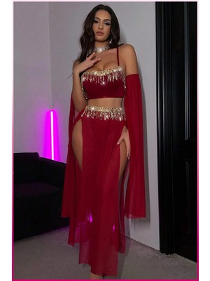 Hace Bazaar Bordo Pul Aksesuarlı Tül Etekli Kadın Seksi Gecelik