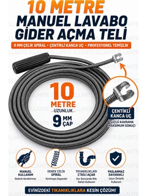 Ellante 10 Metre 9 mm Manuel Lavabo Gider Açma Teli Çentikli Kanca Uçlu Çelik Spiral Boru Tıkanıklık Açıcı Susta