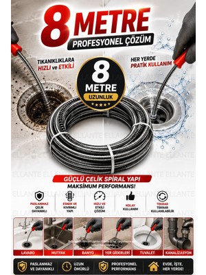 Ellante 8 Metre Profesyonel Spiral Gider Açma Sustası Teli Lavabo Boru Kanalizasyon Tıkanıklık Açıcı Çelik Yay Temizleme Aparatı