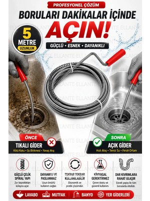 Ellante 5 Metre Profesyonel Spiral Gider Açma Sustası Teli Lavabo Boru Kanalizasyon Tıkanıklık Açıcı Çelik Yay Temizleme Aparatı ⭐