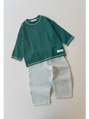 Cigit Oversize Müslin Pantolonlu Takım 2-10 Yaş Yeşil Ince Çizgili
