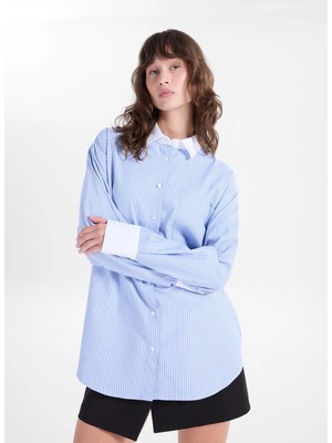 Fabrika Mavi  Kadın Regular Fit Çizgili Gömlek F6WL-GML0108