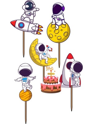 Himi Pasta Süsleri Astronot Uzay Doğum Günü Kız Erkek Çocuk Maket Pasta Kürdanı Pasta Süsleri Cupcake Kürdan Süsleri