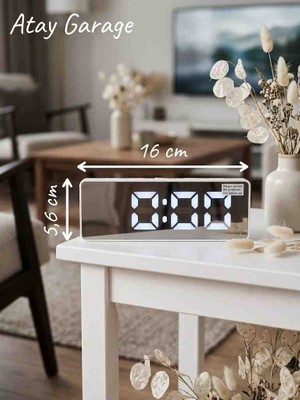 Atay Garage Aynalı Yüzey Beyaz LED Işıklı Dijital Masa & Başucu Alarm Saati