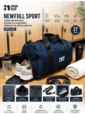 Newfull Sport Ayakkabı Bölmeli Astarlı Su Geçirmez Seyahat ve Spor Çantası-Orta Boy
