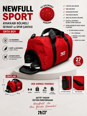 Newfull Sport Ayakkabı Bölmeli Astarlı Su Geçirmez Seyahat ve Spor Çantası-Orta Boy