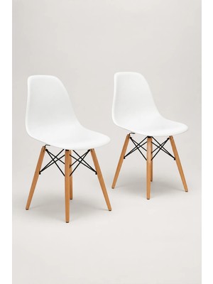 Seduna Beyaz Eames Sandalye - Natural Ahşap Ayaklı 2 Adet Modern Tasarım ve Rahat Oturum
