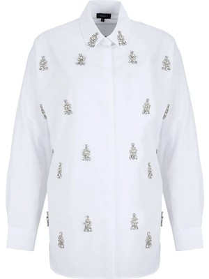 Fabrika Beyaz Kadın Oversize Taşlı Gömlek F5WL-GML0101