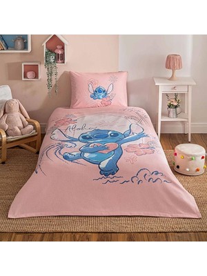 Özdilek Tek Kişilik Stitch Aloha Lisanslı Lastikli Çarşaf Pike Takımı Pembe