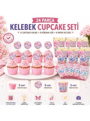 Bkmc Kelebek Doğum Günü Cupcake Seti – 8 Cupcake Kalıbı + 8 Kelebek Kürdan Süsü + 8 Kelebek Mısır Kutusu | Butterfly Parti Ikram Seti 24 Parça