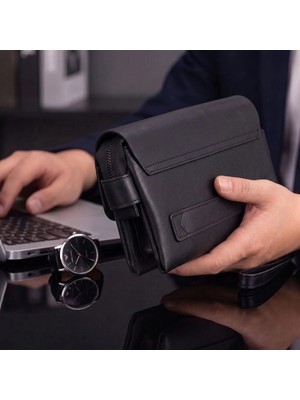 Prestige Hakiki Deri, El Yapımı, Telefon Bölmeli, Erkek El Çantası, Kömür Siyah