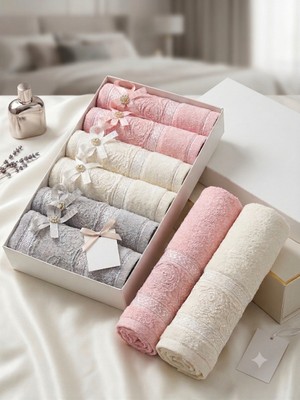 İz Home 6lı Fiyonk Dantel Detaylı Kutulu Mutfak Havlusu Seti | %100 Pamuk | 30X50 cm | Hediyelik - Çeyizlik | Pembe Bej Gri | Orkidem