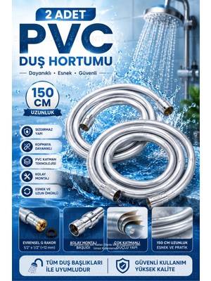 Ellante Gri Paslanmaz Kopmaz Patlamaz Kaliteli Pvc Duş Hortumu Tüm Duş Setleri Ileuyumlu - 150CM 2 Adet