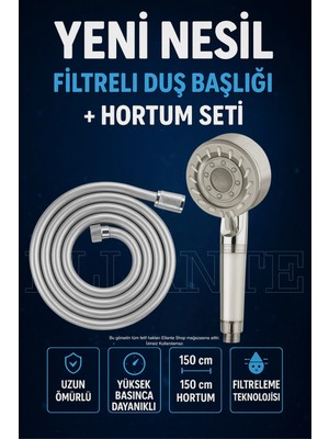 Ellante 5 Fonksiyonlu Su Tasarruflu Çelik Paslanmaz Su Çıkışlı Filtreli Turbo Duş Başlığı Pvc Hortum Set