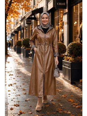 Harma Time Butik Kadın Fermuarlı Kapüşonlu Içi Şardonlu Taba Deri Kap