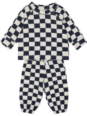 Antebies Organik Gots Sertifikalı Antrasit Kare Desenli, Omuzdan Çıtçıtlı, Raglan Kollu, Uzun Kollu Ribanalı Sweatshirt, Bel Lastikli Bağcıklı Pantolonlu Bebek Takımı