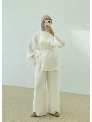 Moda Aksa 9196 Omuz Yırtmaç Takım  Ekru