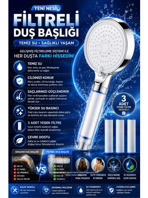 Ellante Yeni Nesil 5 Fonksiyonlu Filtreli Duş Başlığı Geniş Başlık Yüksek Basınç ve Su Tasarruflu