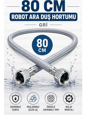 Ellante 80 cm Robot Ara Duş Hortumu Örgülü Fleksi Hortum 1/2'' Su Bağlantı Hortumu Paslanmaz Uçlu Sızdırmaz Conta