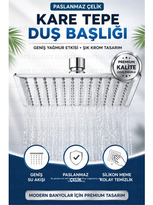 Ellante Paslanmaz Çelik Yağmur Duş Başlığı Kare Krom Tepe Duş Başlığı Geniş Su Dağılımlı Standart 1/2" Bağlantı