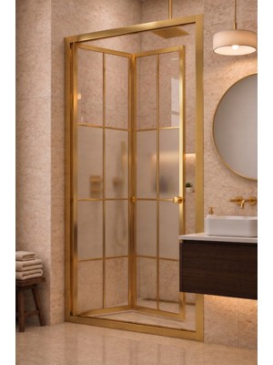 Waterline Ön Cephe Katlanır Akordiyon Kapı Gold Profil Karolaj Desen Ortası Buzlu 4mm Temperli Cam H190